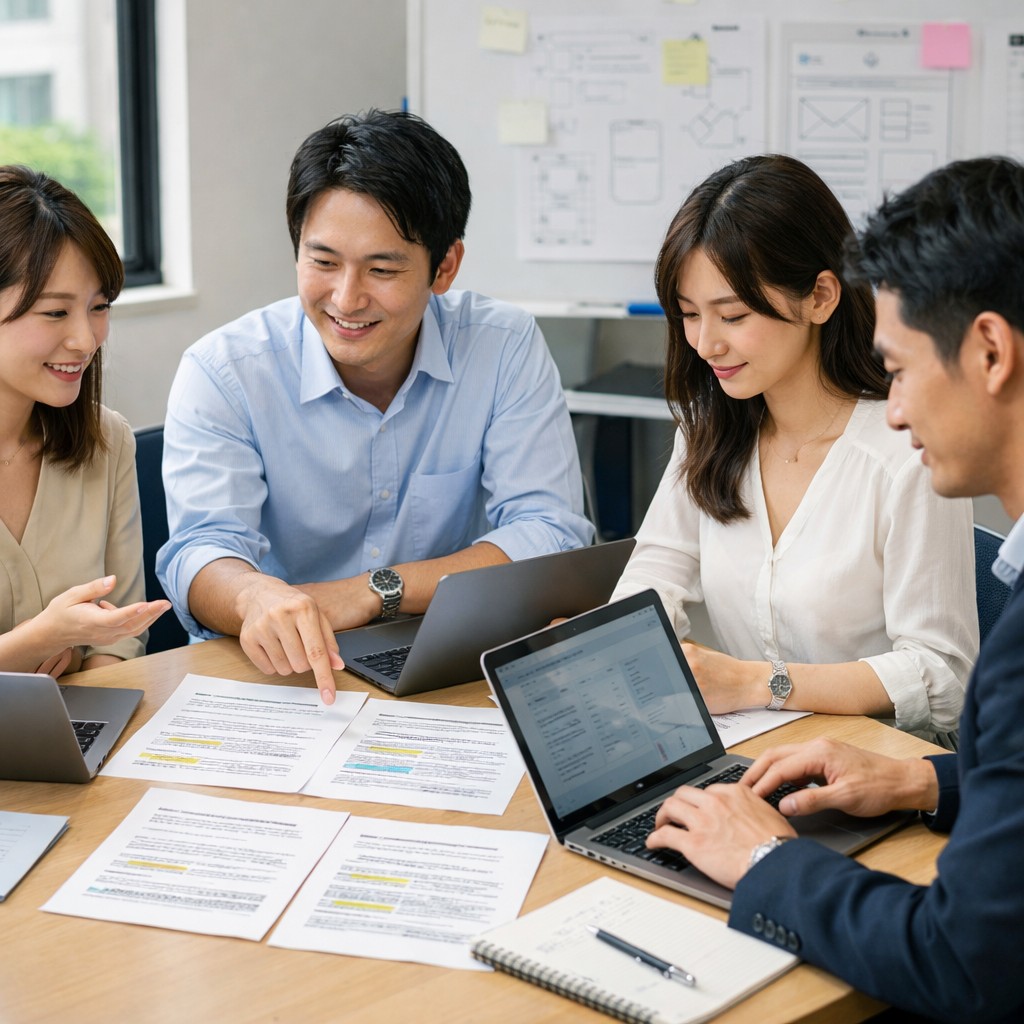 生成AI検索の回答候補を見ながら自社サイト改善を議論する日本人マーケティングチーム