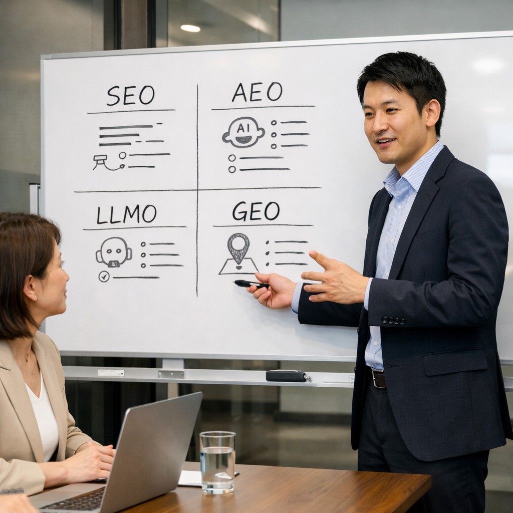 SEOとAEOとLLMOとGEOの違いをホワイトボードで整理する日本人コンサルタント