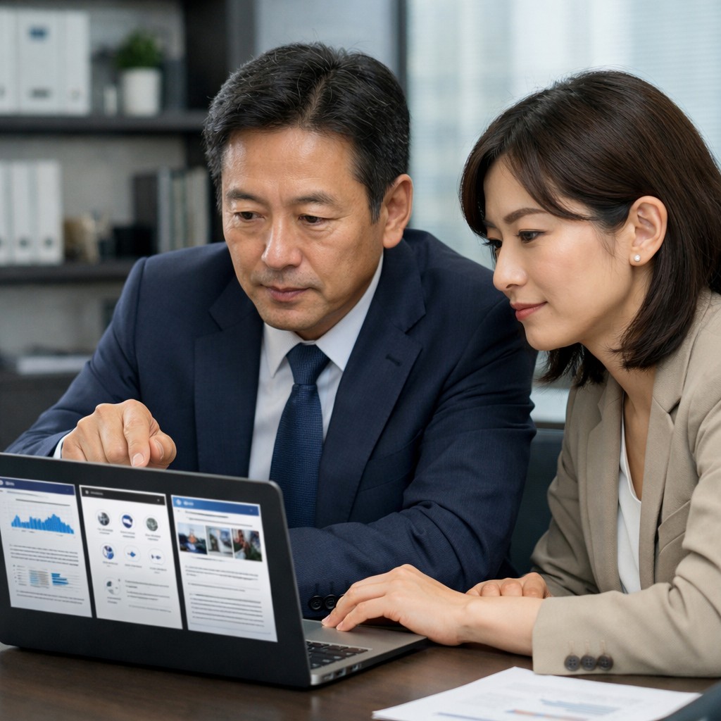 ブランド情報と専門性を確認しながら会社ページを更新する日本人マーケティング責任者