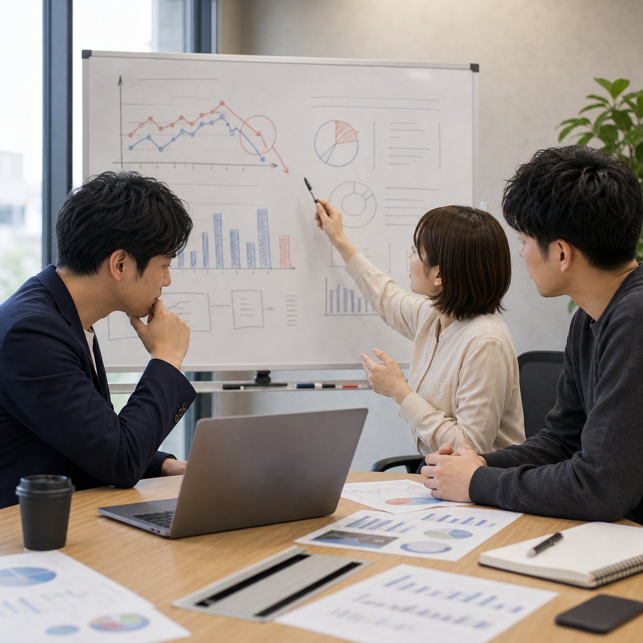 成果悪化の原因を切り分けるためにホワイトボードで整理しているチームの様子
