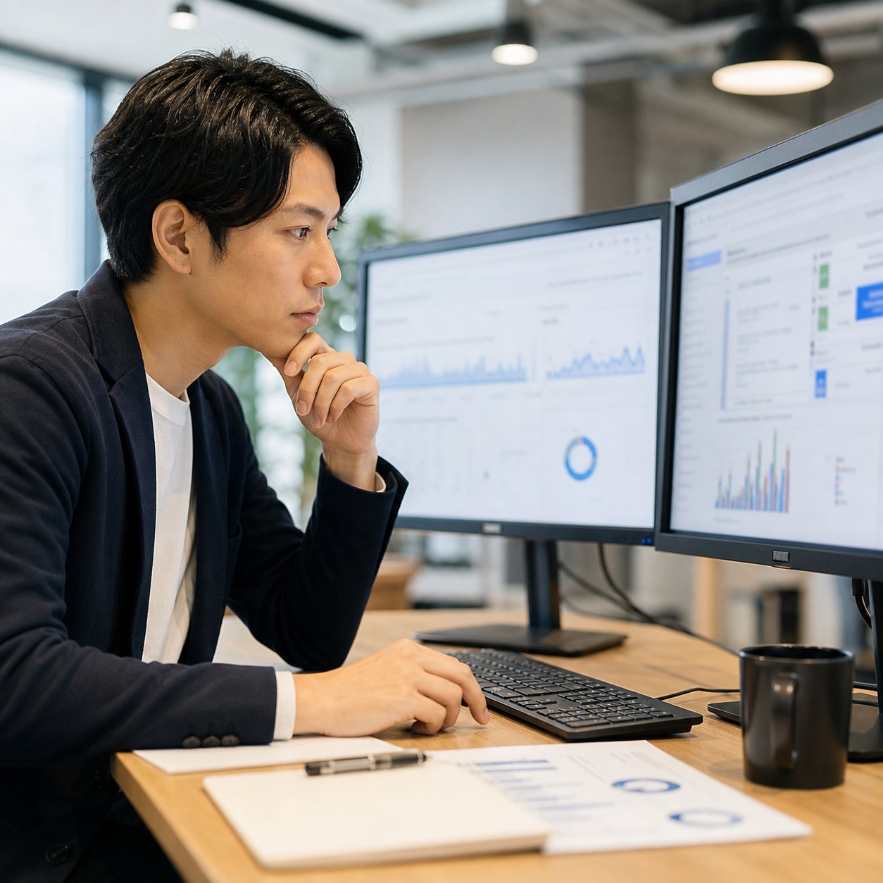 データ分析担当者がコンバージョン計測ダッシュボードとタグ設定を確認している