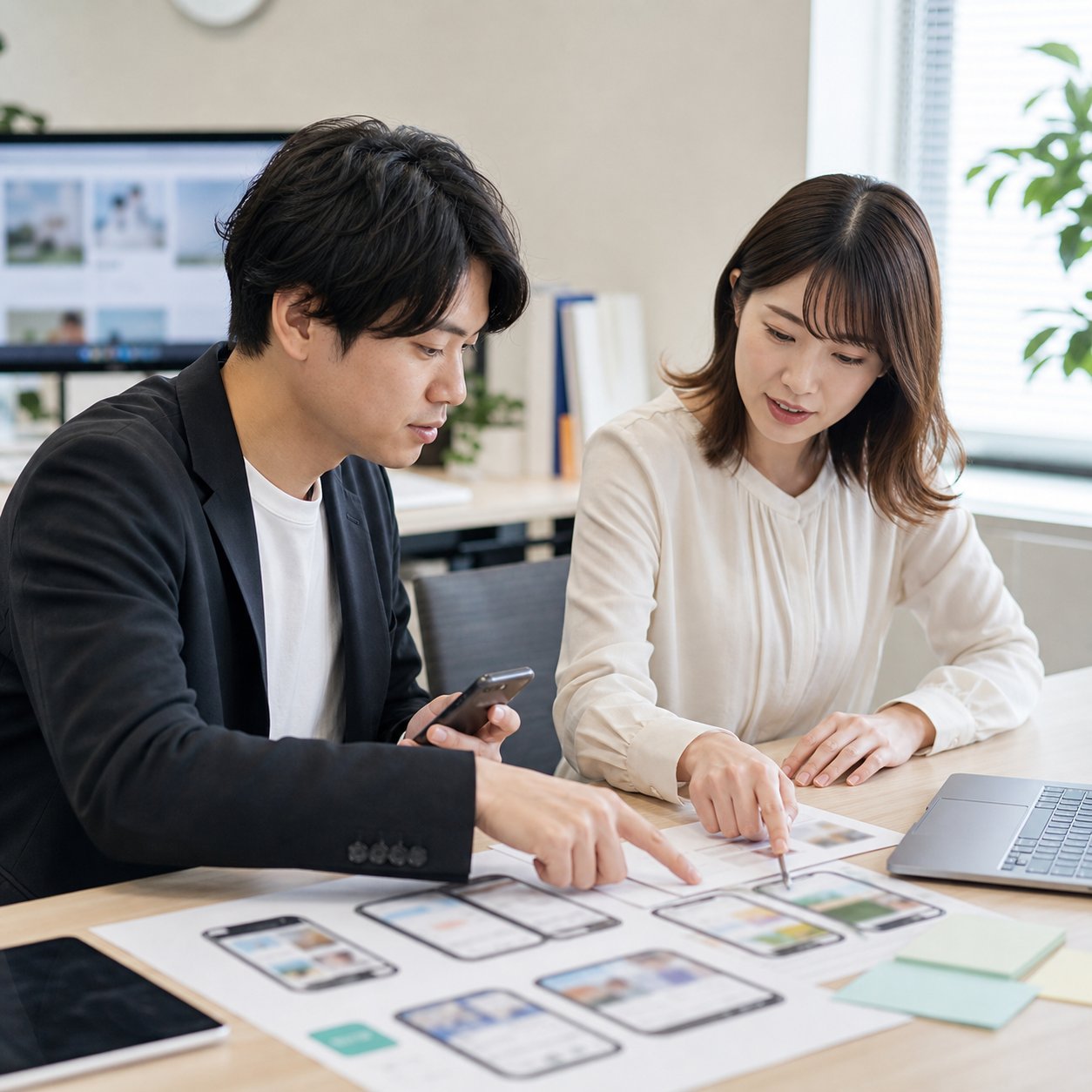 デザイナーと広告運用者がスマートフォン表示の広告クリエイティブを確認している