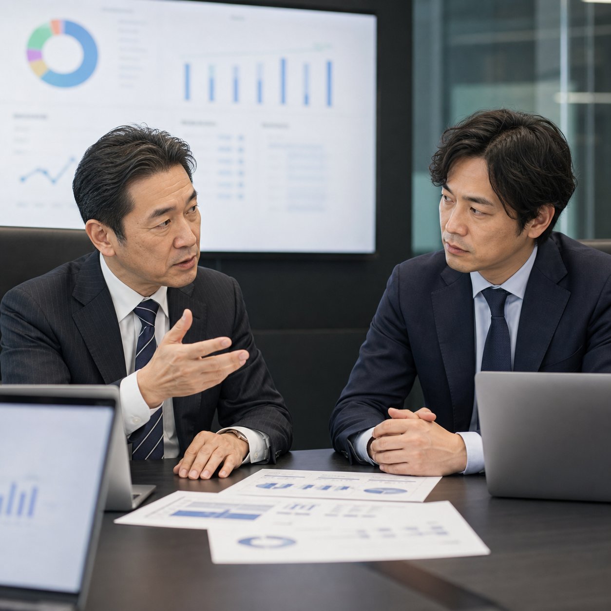 経営者とマーケティング責任者が広告KPIのダッシュボードを見ながら議論している