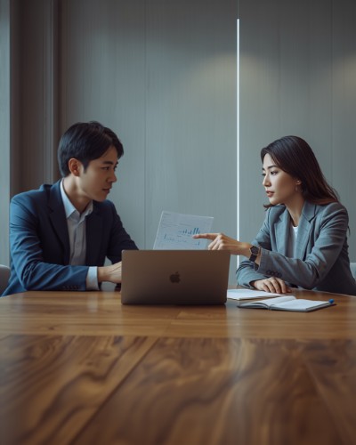会議室で広告管理画面を見ながらAI Max 検索広告の配信設計を確認するマーケティング担当者