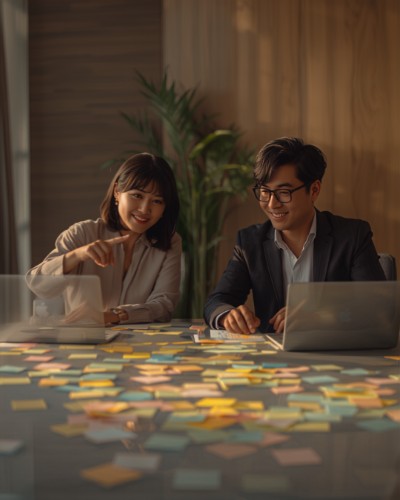 中小企業の経営者と広告担当者がAI Max 検索広告のテスト計画を作成している打ち合わせ風景