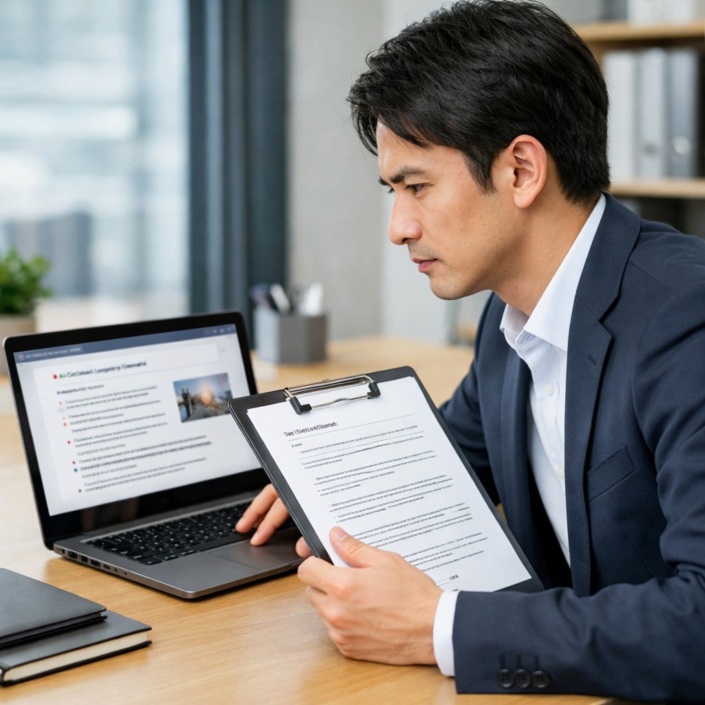 担当者がAI検索の回答と自社サイトのブランド説明を見比べている様子