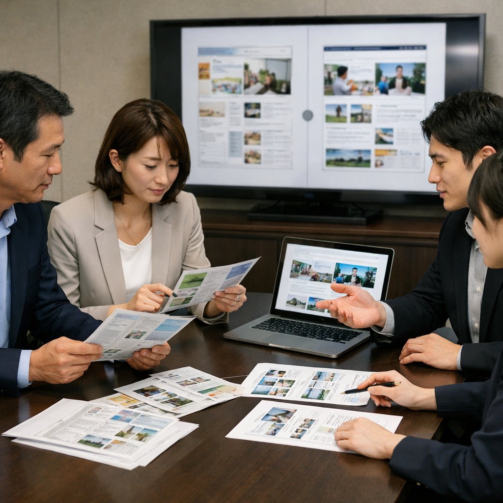 日本の会議室で古い資料と最新サイト情報の違いを洗い出している様子