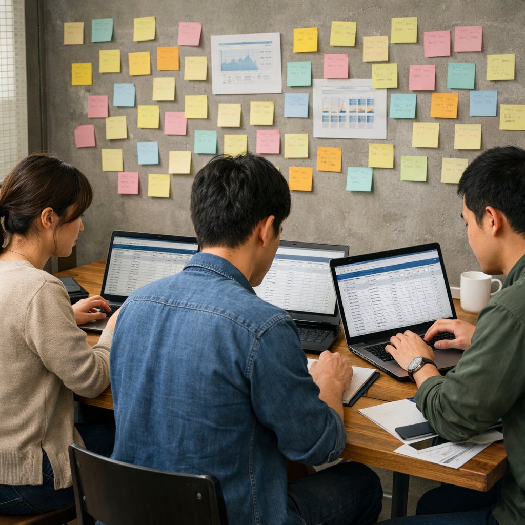 少人数のマーケティングチームがブランド情報の棚卸し表を作成している様子
