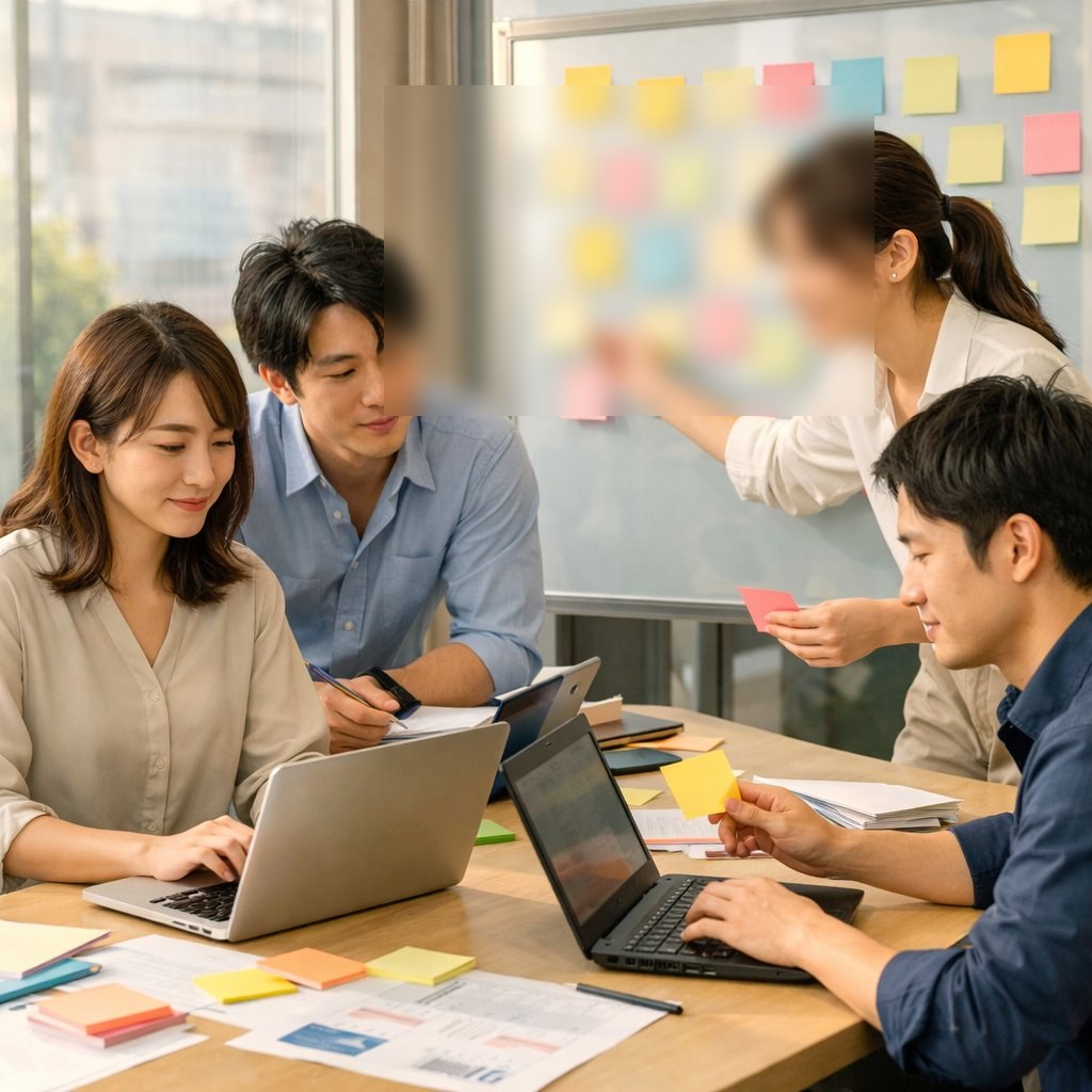 社内のマーケティング担当者が会議室で顧客コミュニティの投稿傾向を整理している様子