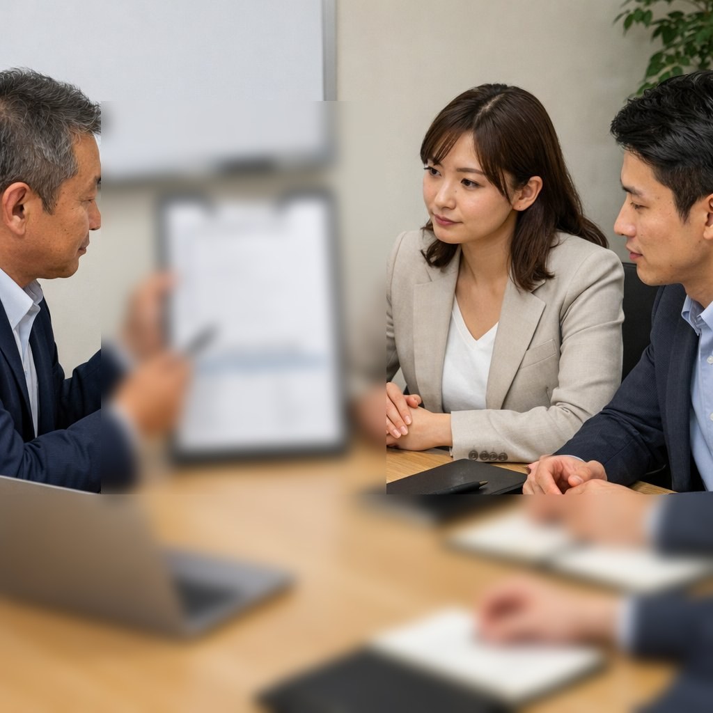 日本の中小企業の会議室で、担当者が顧客データの項目表と権限ルールを確認している様子