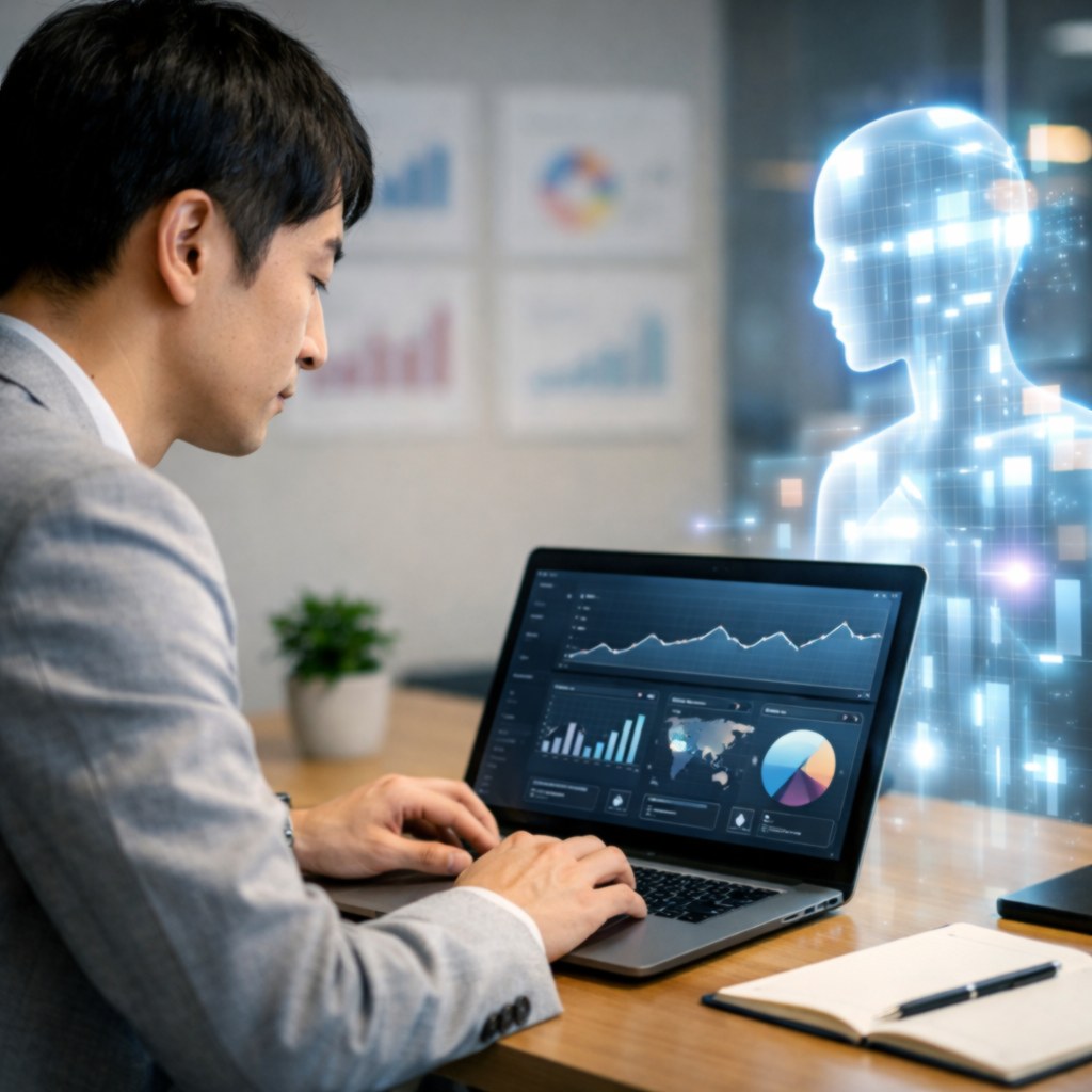 GA4レポートAI自動化で月次データを確認する日本人マーケティング担当者
