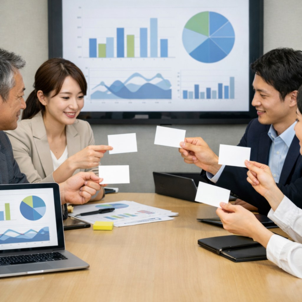 AIレポートを使って改善提案を話し合う日本人マーケティング会議