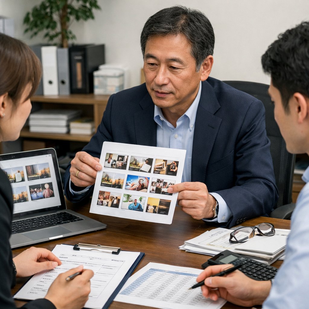 AI広告提案の承認前チェックを行う日本人マネージャー