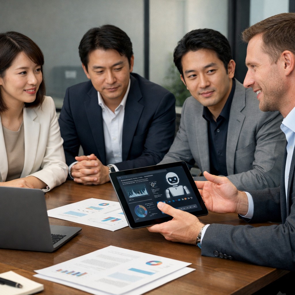 広告代理店とAIアドバイザーの役割分担を相談する日本人企業担当者