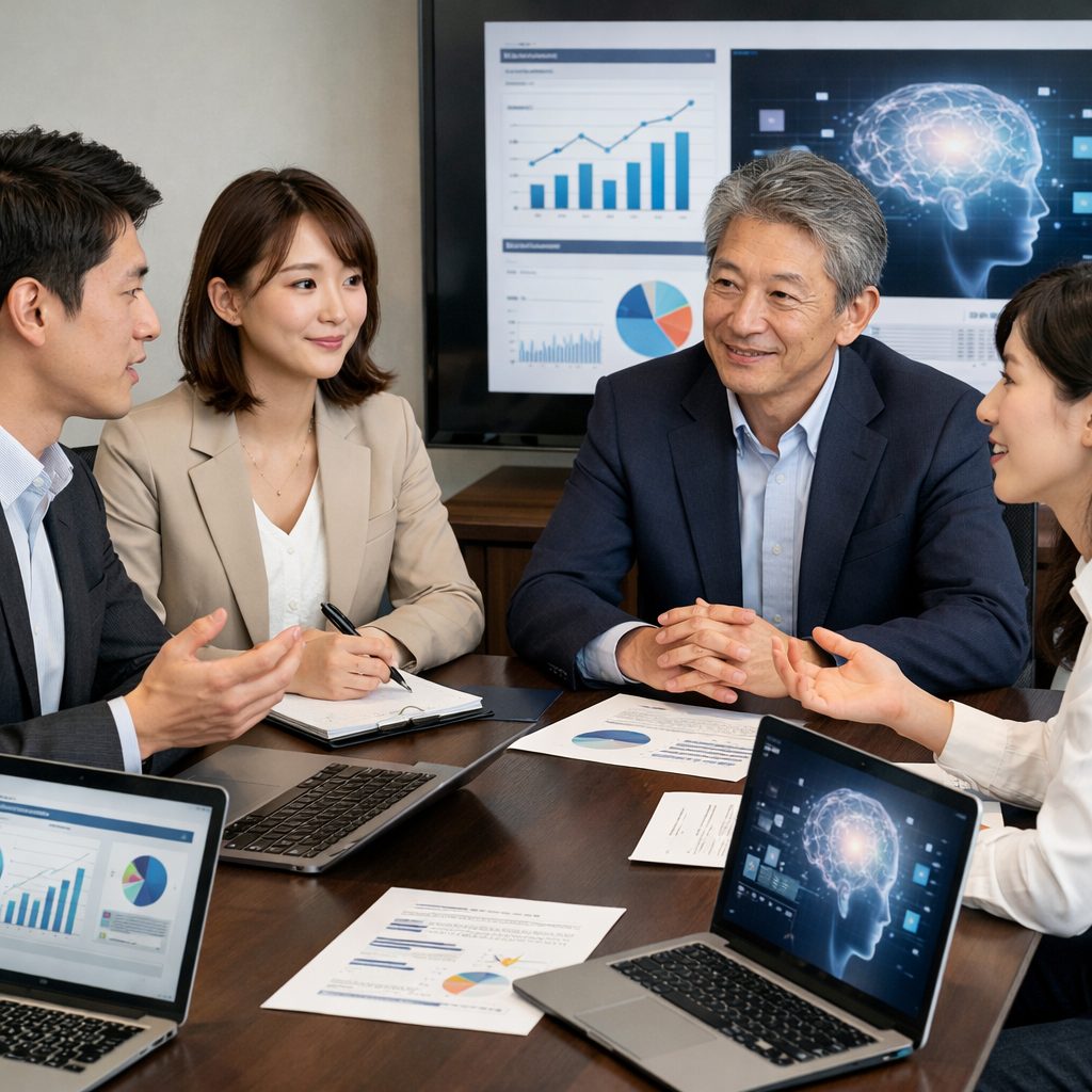 生成AIとマーケティングの最新動向を会議で確認する様子