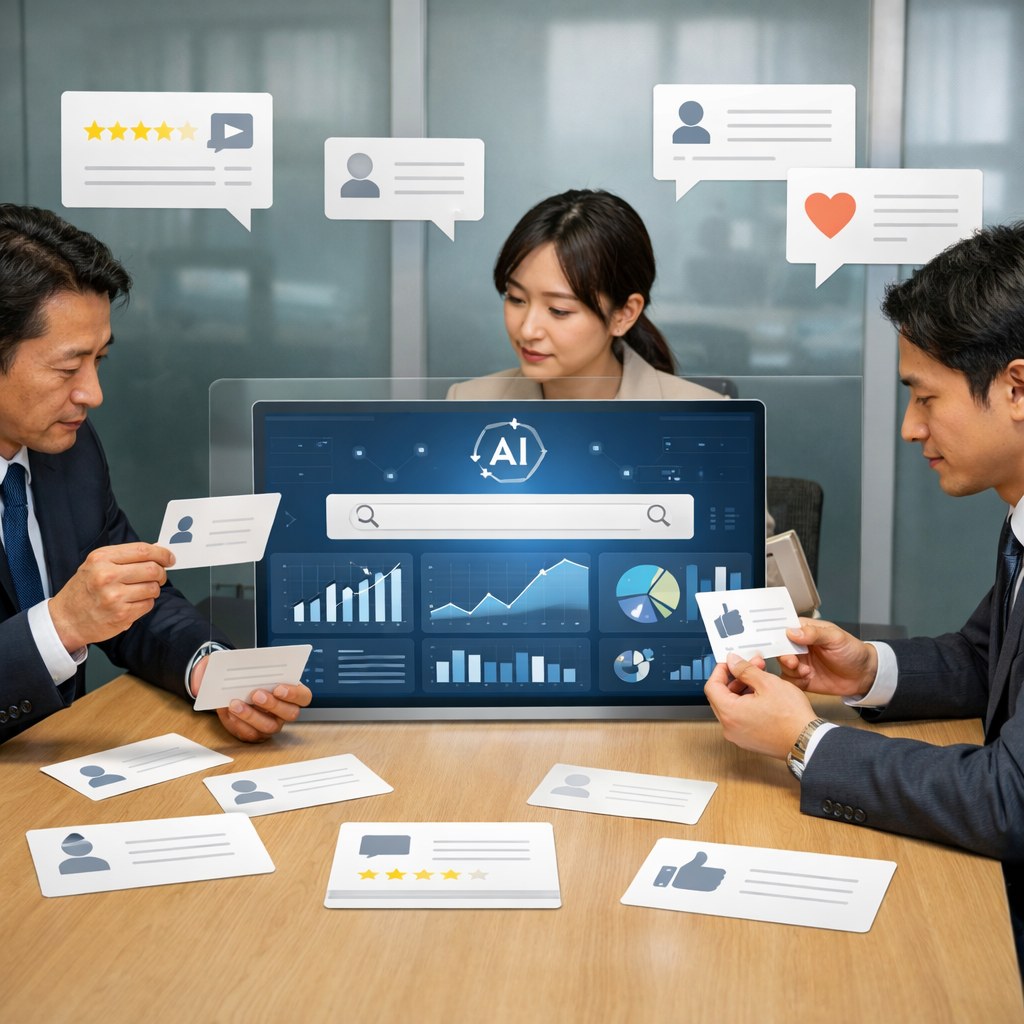 複数の第三者レビューやSNS投稿を見ながらAI検索時代の信頼シグナルを確認するチーム