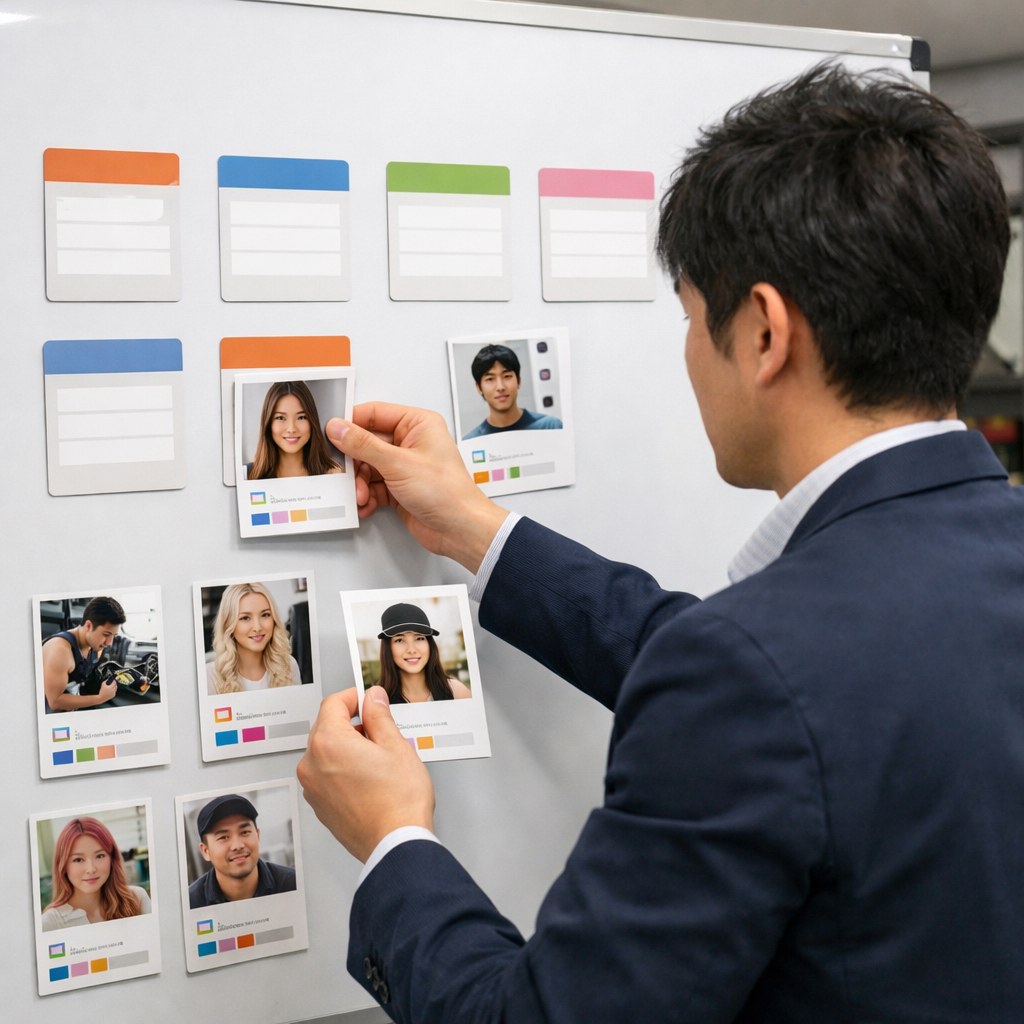 インフルエンサー候補の専門性と語るテーマをホワイトボードで検討する企業担当者