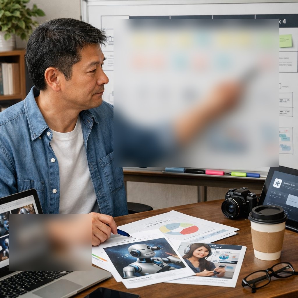 中小企業が30日間の生成AIマーケティング導入計画を作る様子