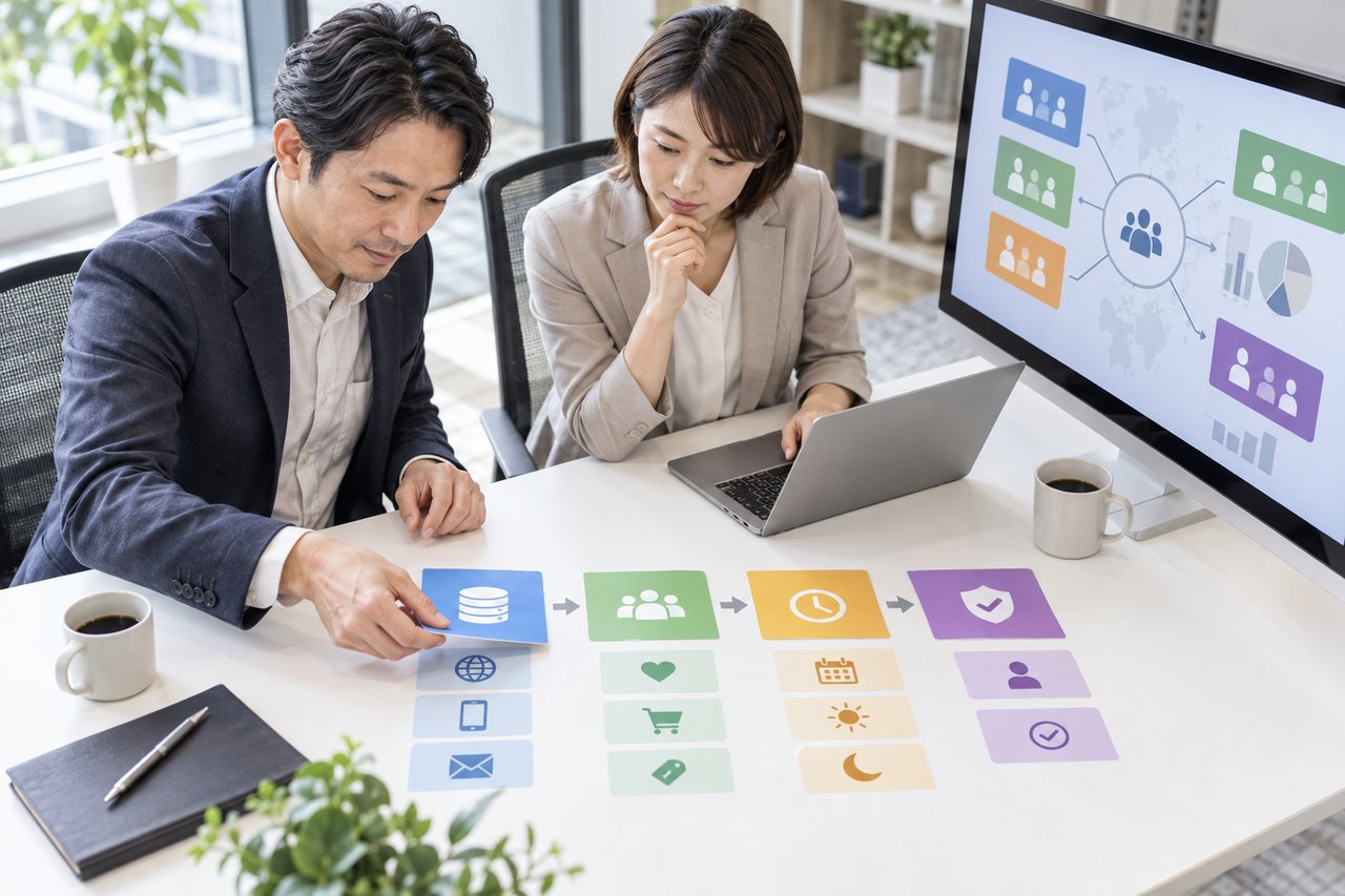 CRM上の顧客データと配信シナリオを整理する中小企業のチーム