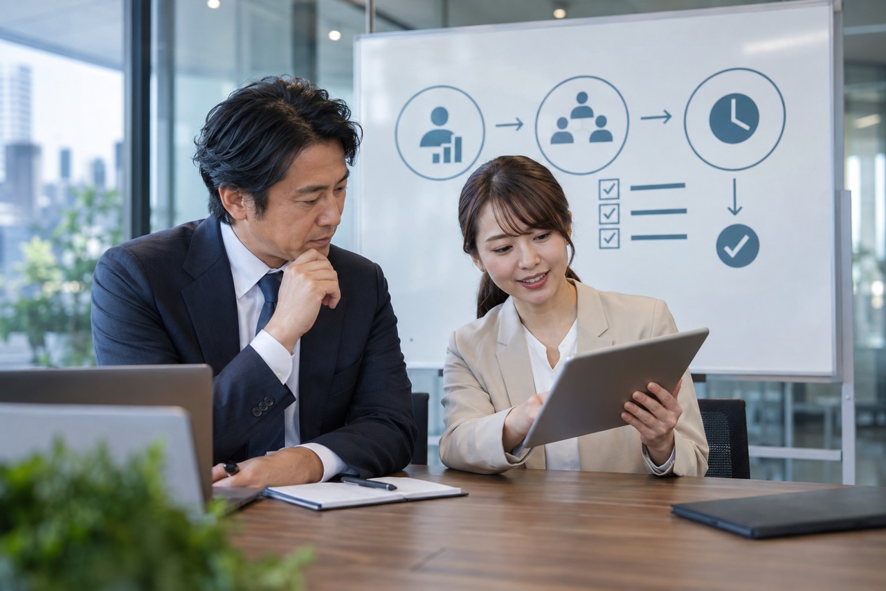 営業担当とマーケティング担当が商談化条件を確認する会議風景