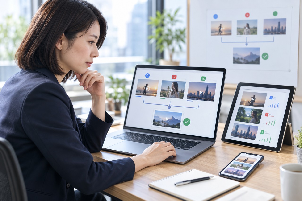 Google広告のAI動画広告制作を前に複数チャネルの素材を確認する担当者