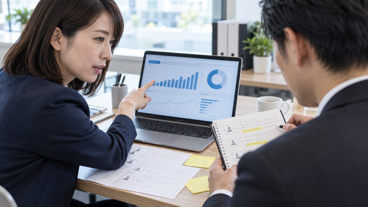 AI広告の配信結果と実際の商談データを照合するマーケティング担当者