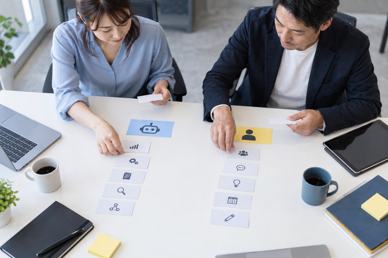 マーケティング担当者がAIに任せる業務と人が確認する業務を仕分けている場面