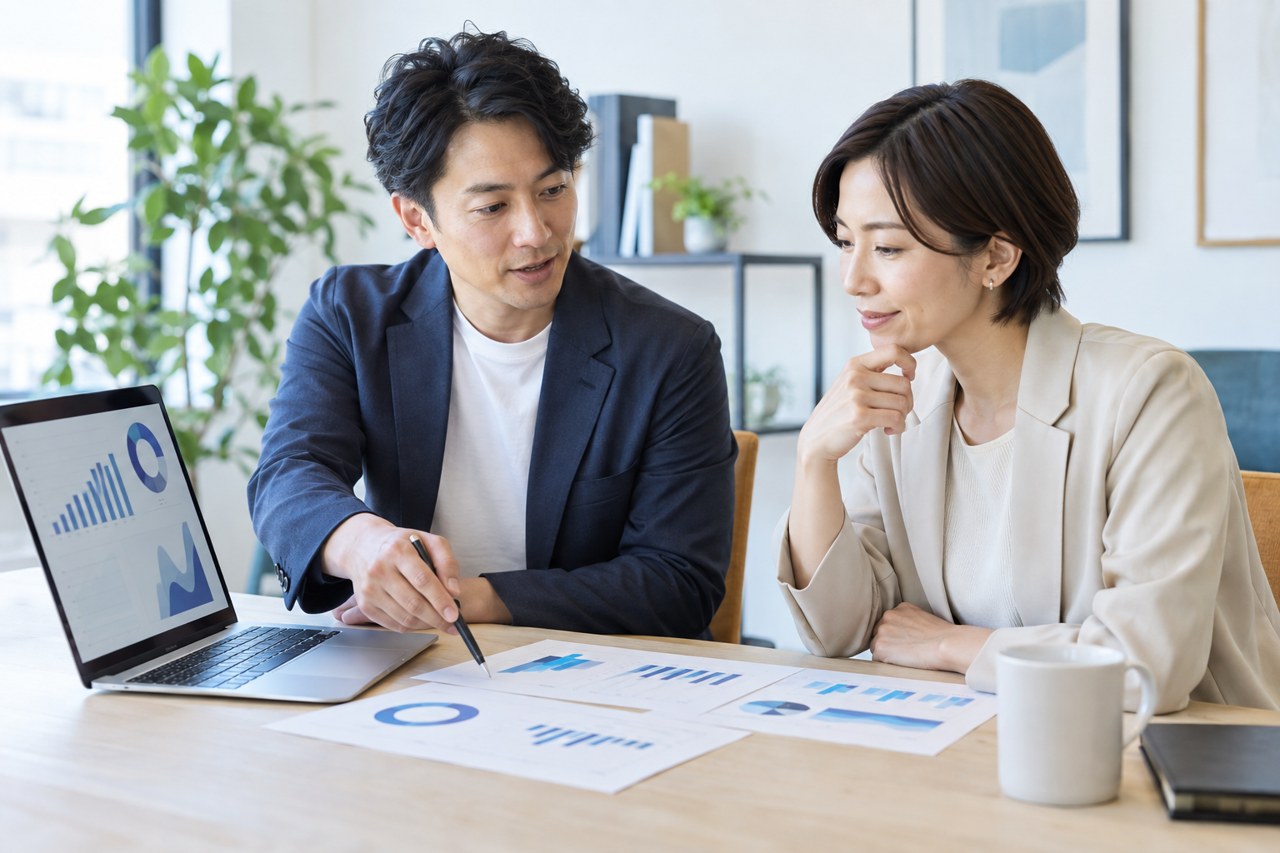 会話広告の運用改善を支援会社と相談する中小企業担当者