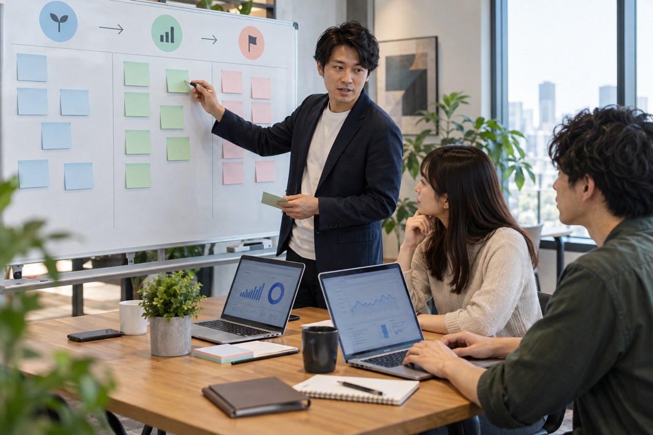90日単位のAIマーケティング育成計画をチームで確認する様子