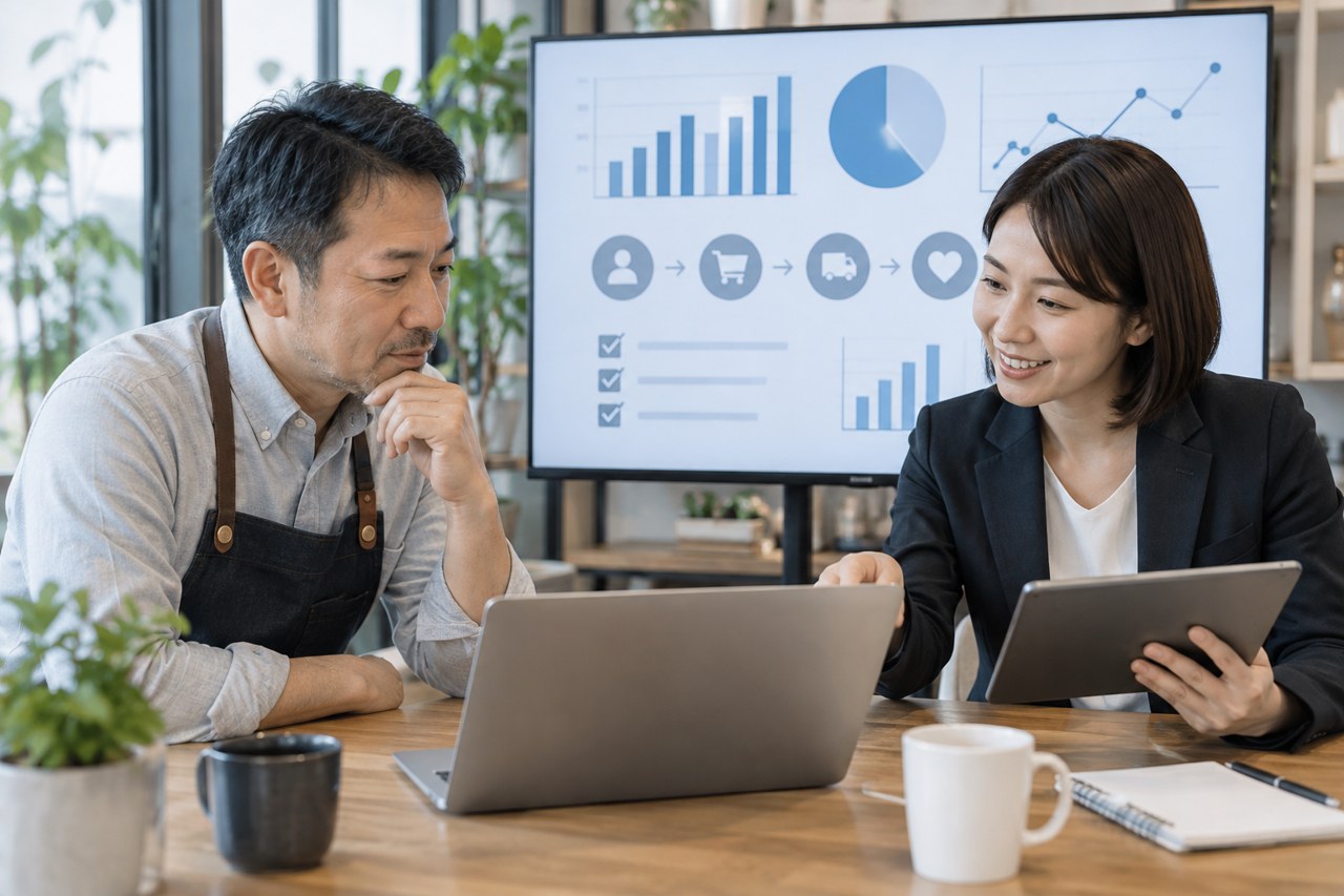 中小企業の担当者と外部マーケティング支援者が施策結果を確認する様子