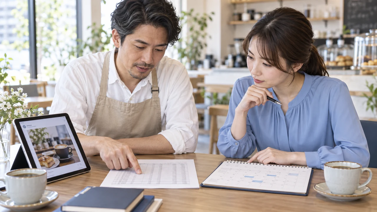 店舗の予約記録とSNS投稿の反応を比較する店長と担当者