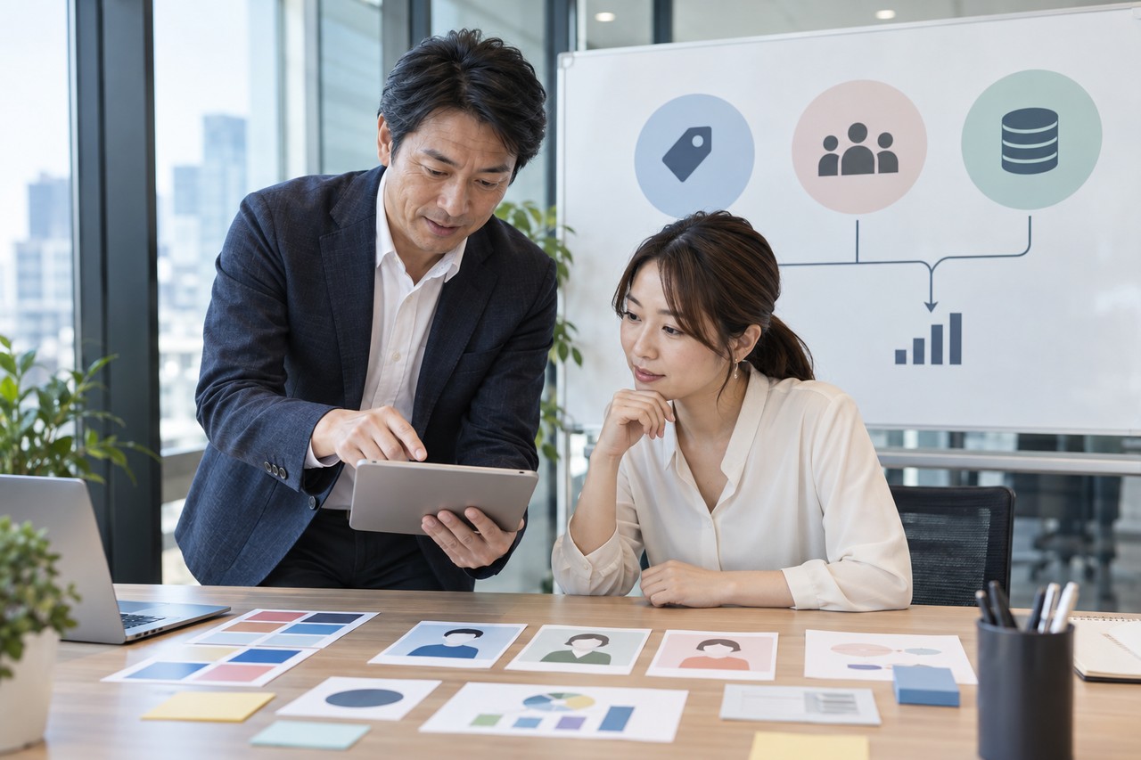 ブランド指針と顧客情報とデータ基盤を確認する中小企業の会議