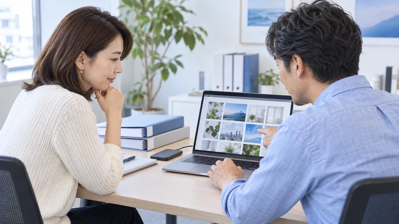 制作素材と運用資料の引き継ぎを確認する経営者と支援担当者