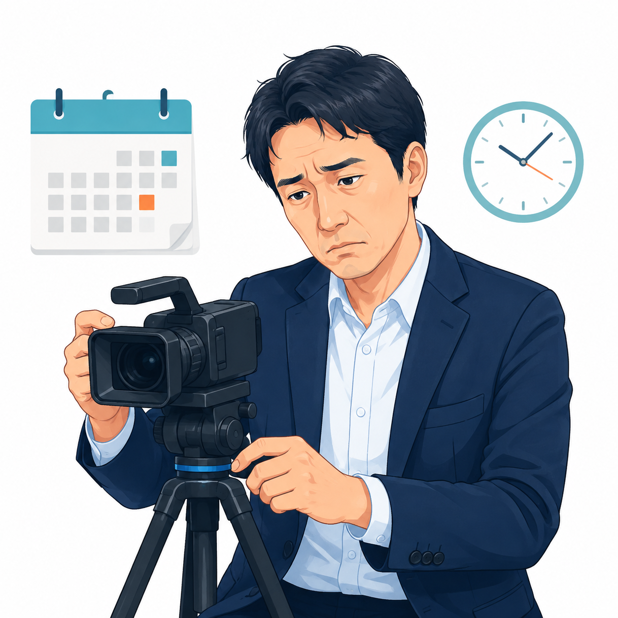 撮影の準備に手間がかかり困っている社長のイラスト