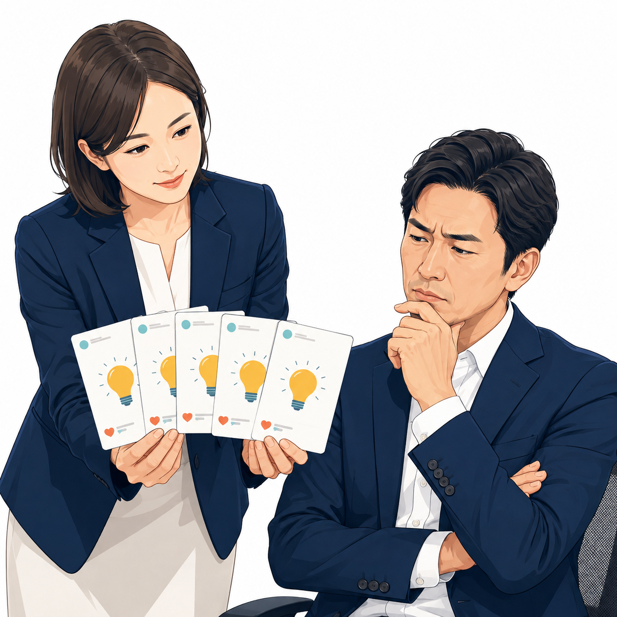 社員が作った似通った投稿を見て悩む社長のイラスト