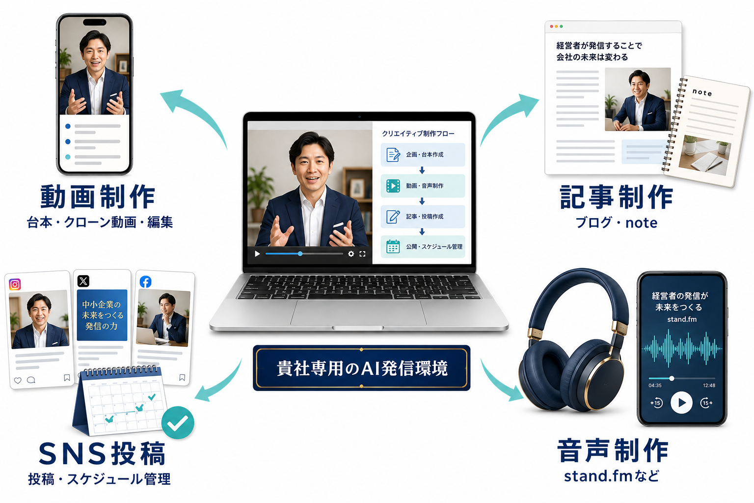 サービスのイメージ図。貴社専用PCのAI発信環境から、台本・クローン動画・編集、SNS投稿・スケジュール管理、ブログ・note記事、stand.fmなどの音声を制作・発信する流れ。