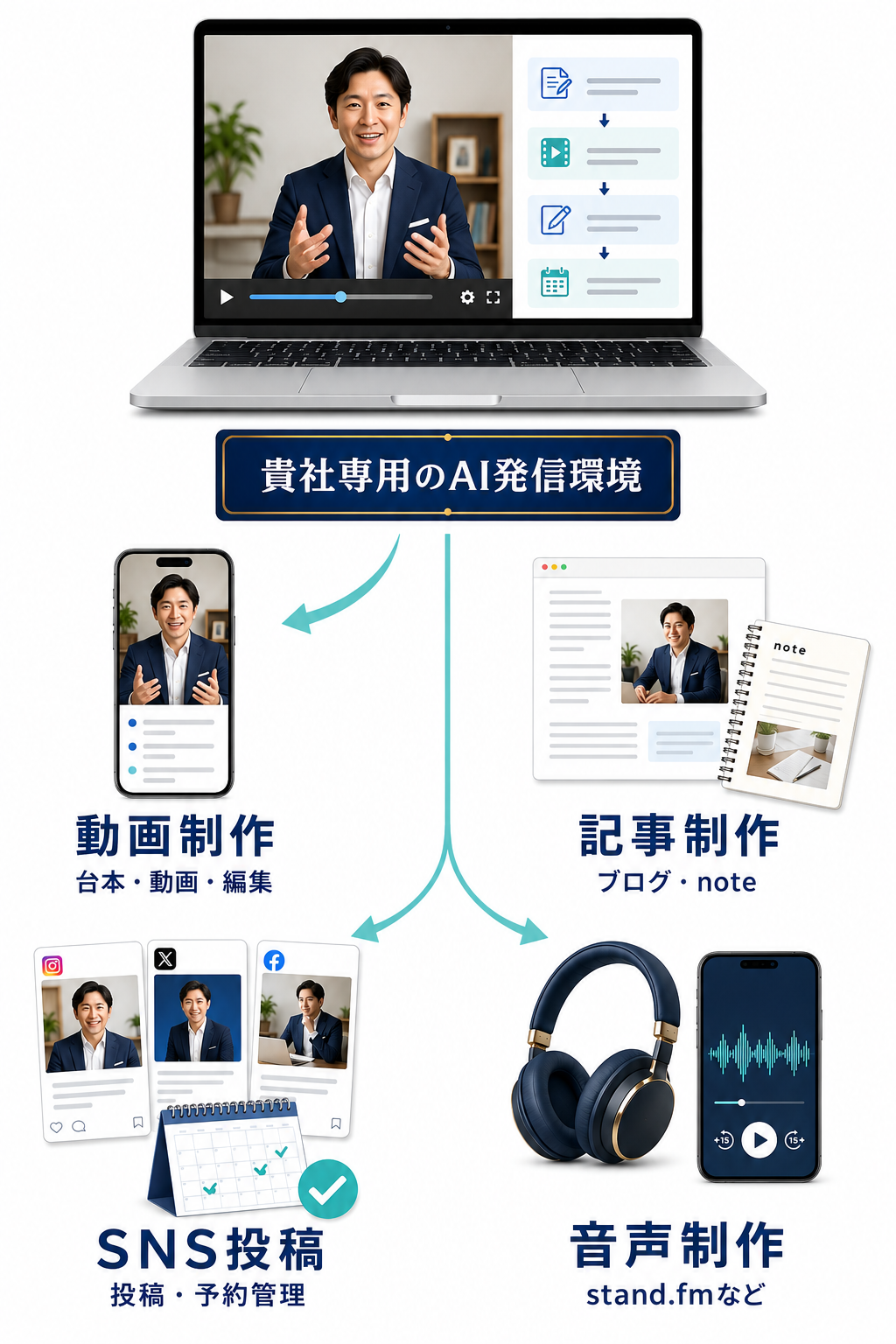 貴社専用PCに構築したAI発信環境から、動画制作・記事制作・SNS投稿・音声制作へ展開するイメージ図。