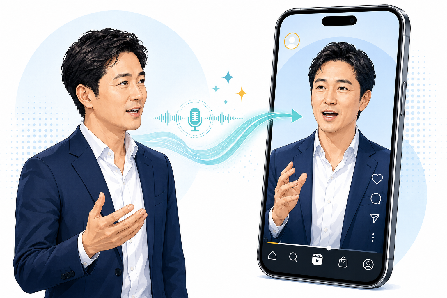 話す社長本人と、Instagram風のスマホ画面で話す同じ姿のAIクローンのイメージイラスト