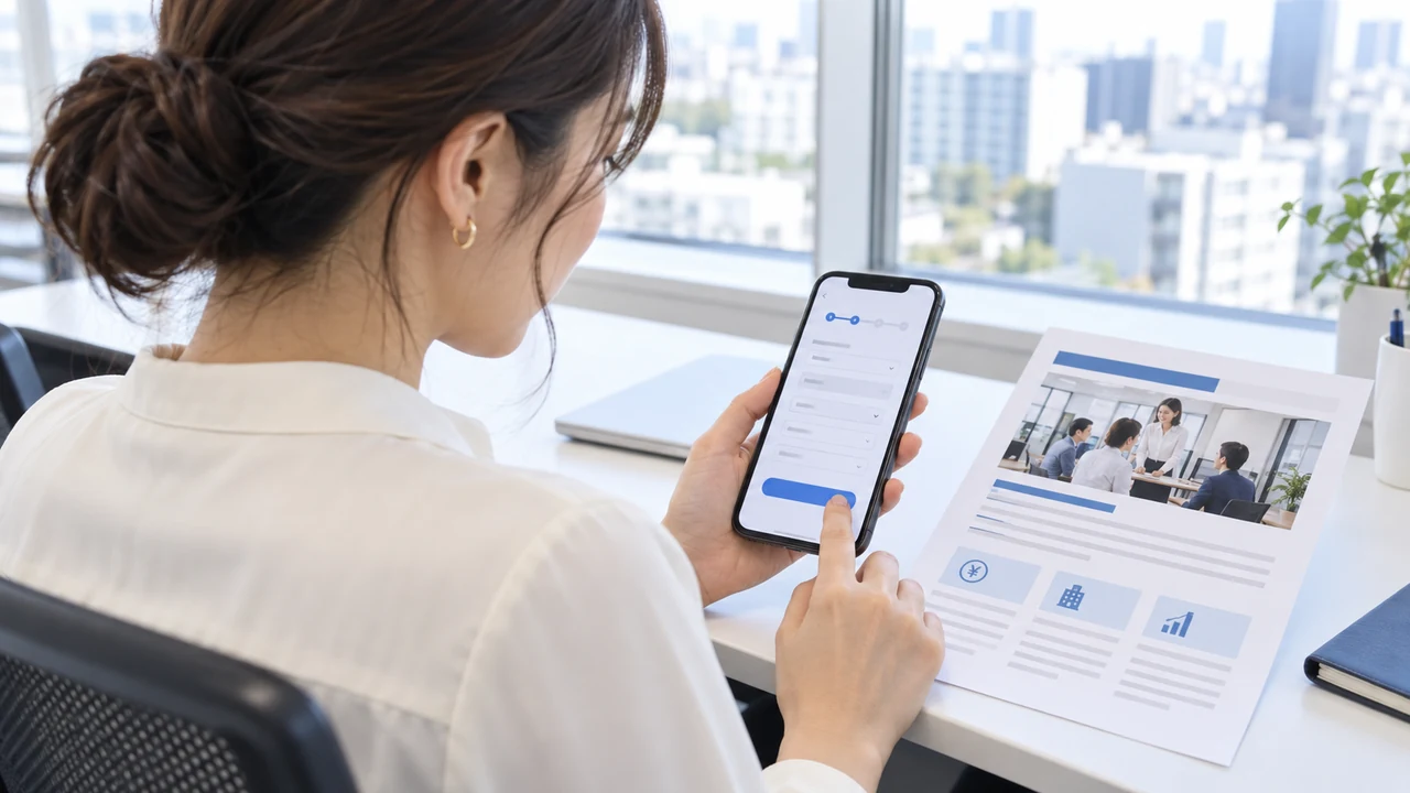 スマートフォンで求人内容と応募フォームを確認する担当者