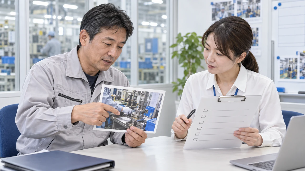 募集条件と広告原稿の対応を確認する採用担当者と現場責任者