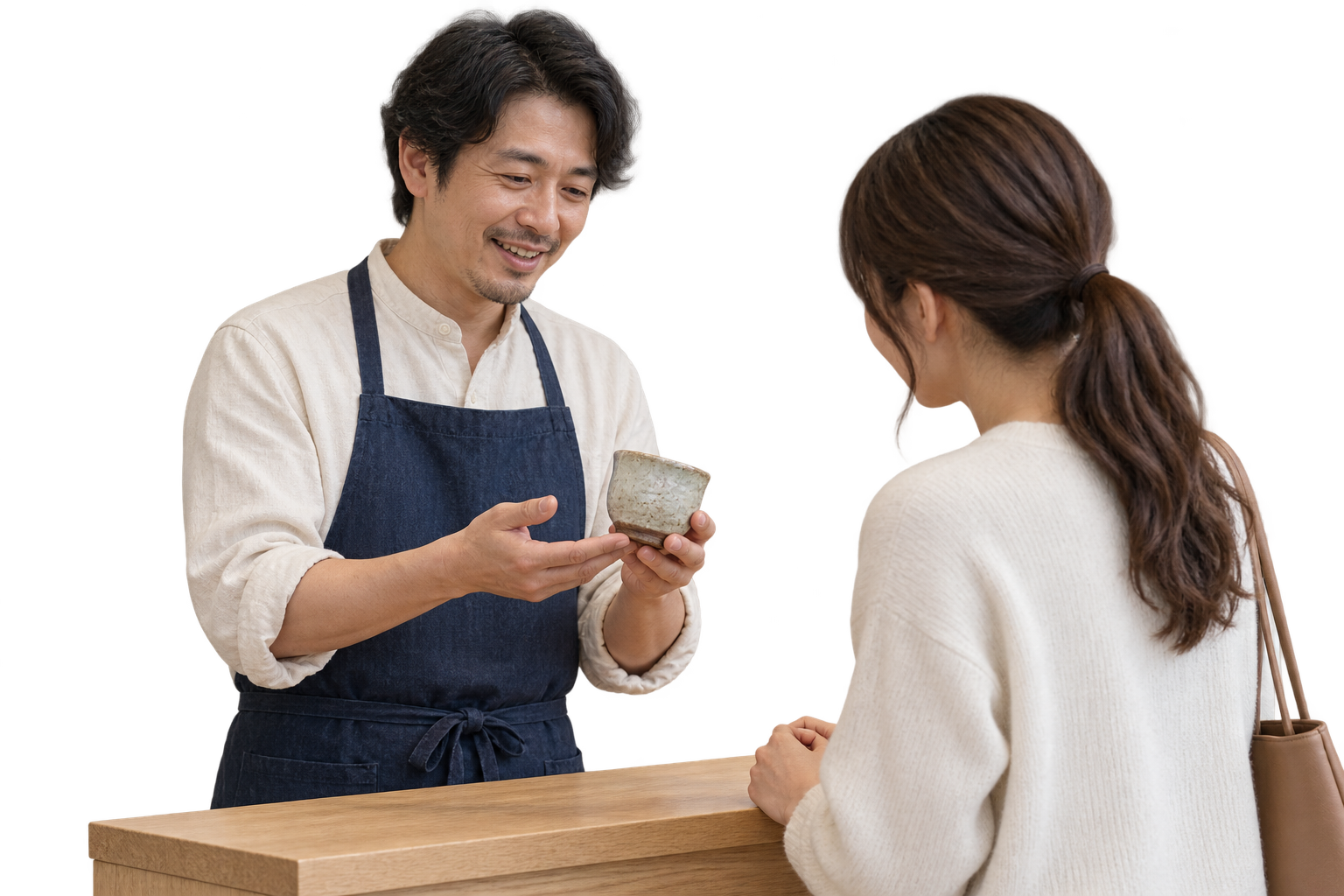 店舗でお客様との会話に集中する男性