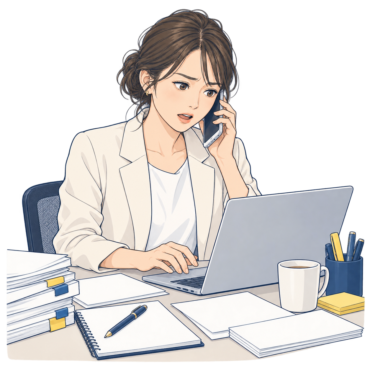 電話とパソコンで複数の業者に対応する事業主のイラスト