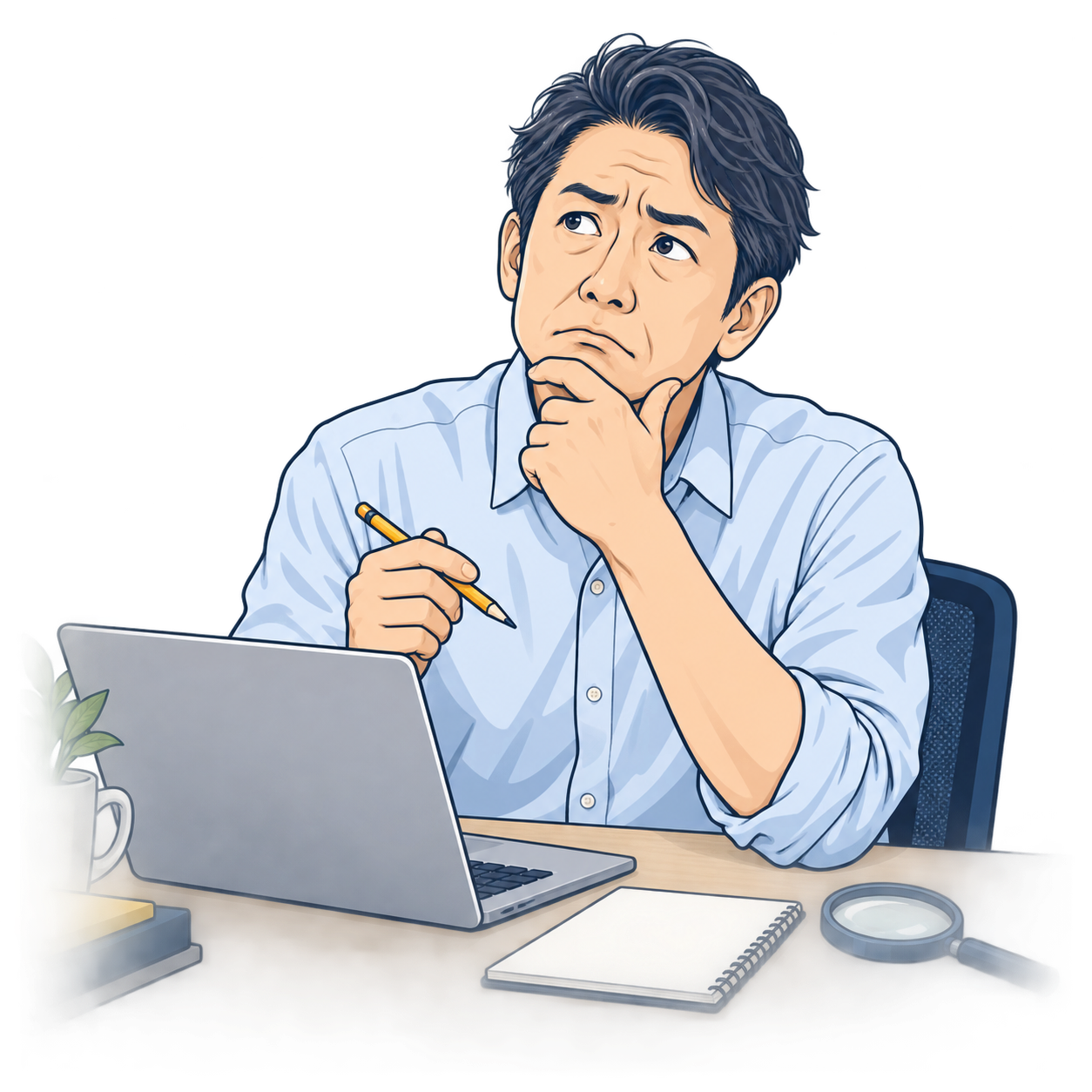 パソコンの前で改善方法を考え込む事業主のイラスト