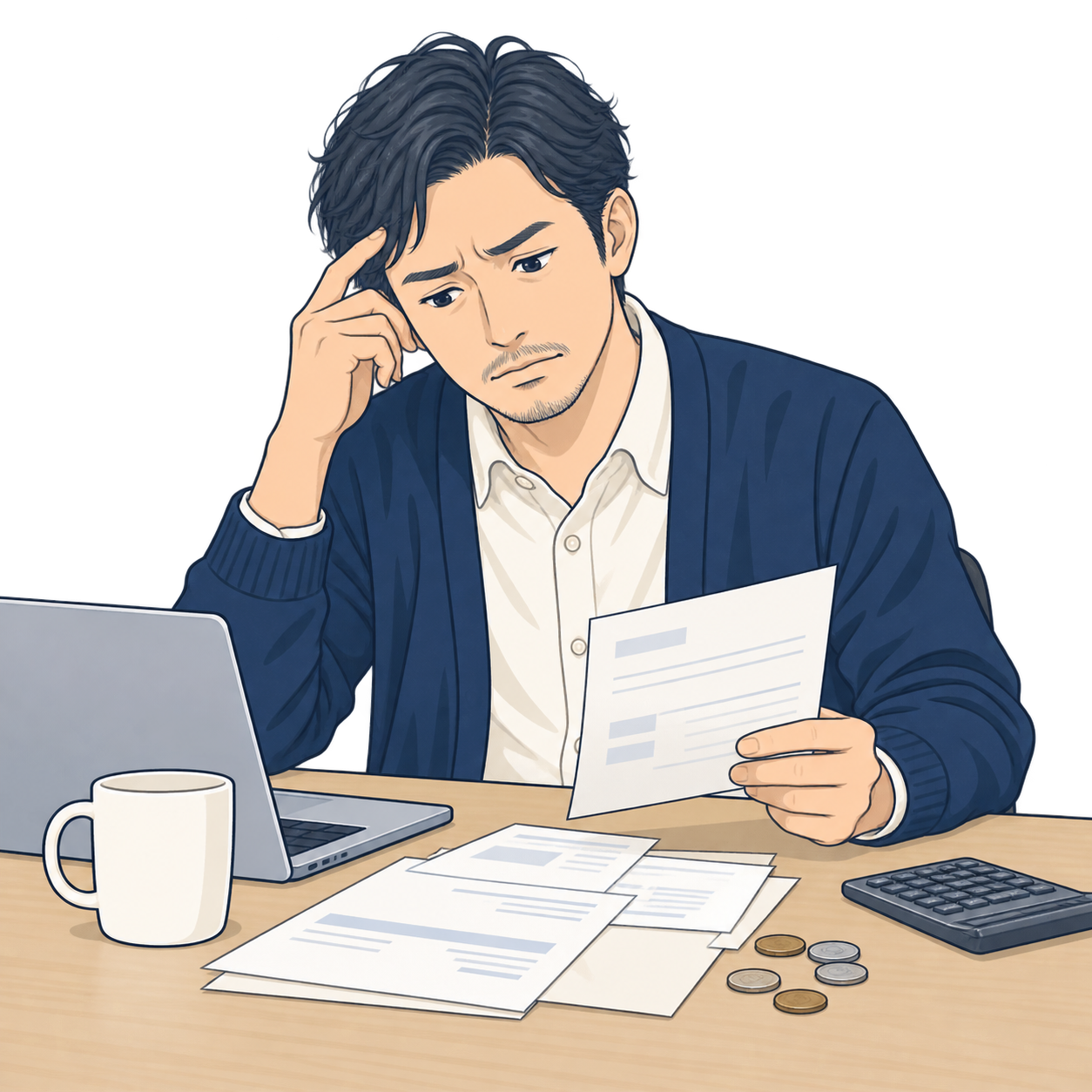 広告費の請求書を前に悩む事業主のイラスト