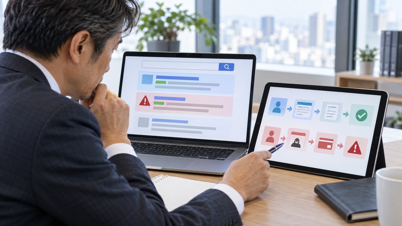 検索広告から偽AIサービスへ誘導されるリスクを確認する担当者