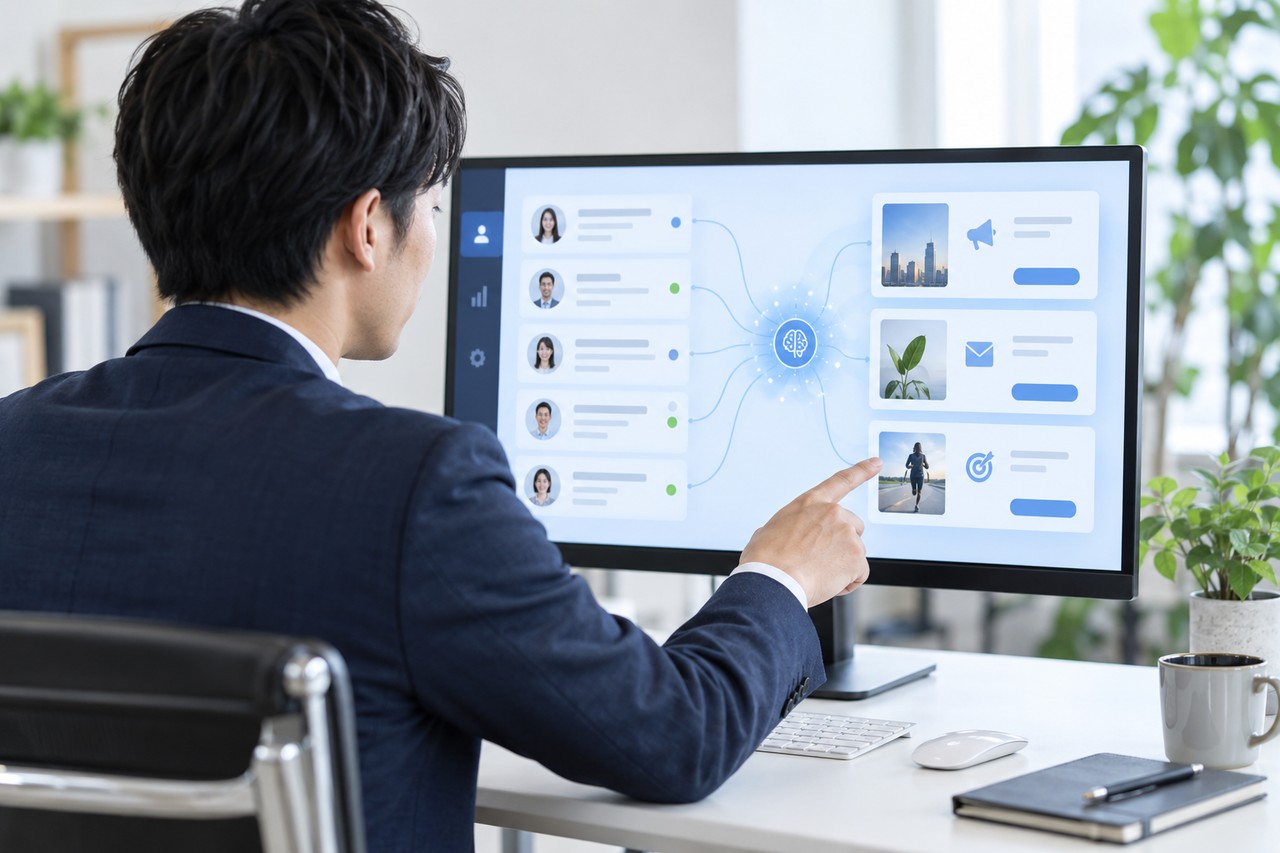 CRM情報をもとにAIエージェントが施策候補を整理する画面を見る担当者