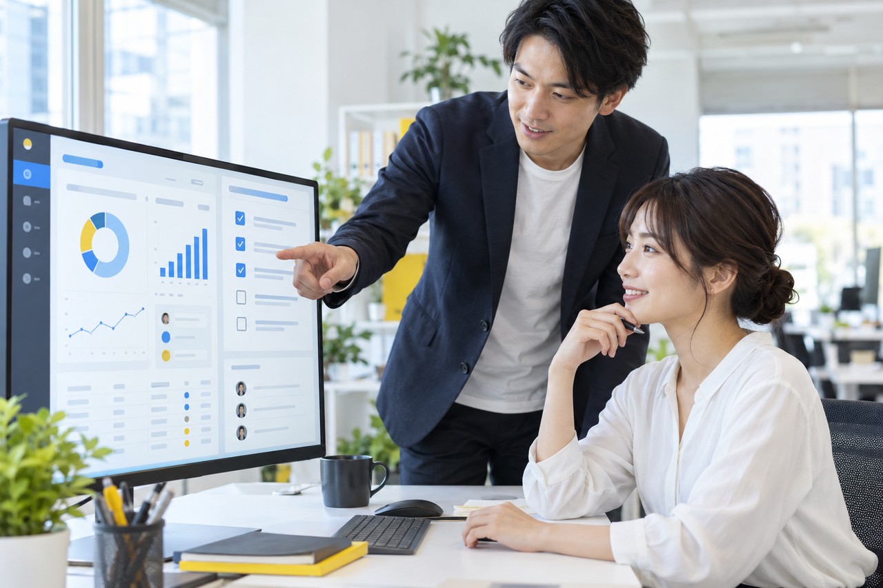 整理されたCRMとAI活用の次アクションを確認するマーケティングチーム