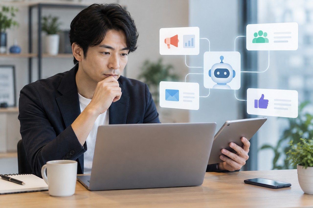 広告とCRMとSNSを横断するAIエージェントの役割を確認するマーケティング担当者