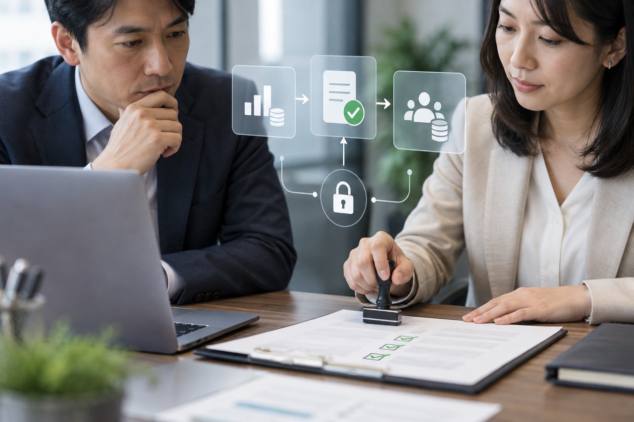 広告予算と顧客データの承認フローを確認する責任者と担当者