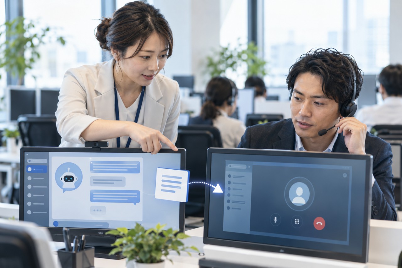 AI対応から有人対応へ相談を引き継ぐサポート担当者